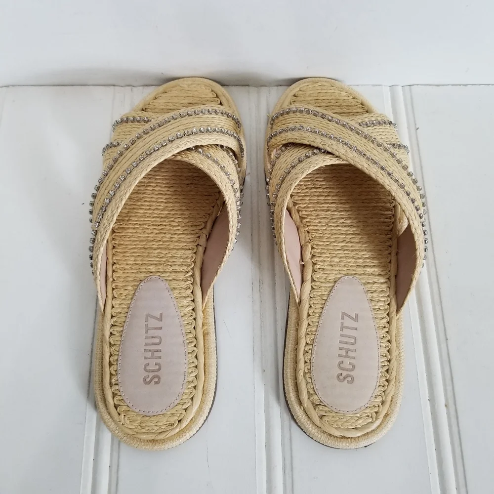 Schutz Rhinestone Raffia Sandals Womens Carlotta Crossover Flat Summer Shoes 6 - Picture 9 of 15